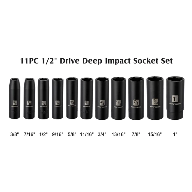 Alt view image 3 of 7 - 11 Pieces 1/2-Inch Drive Deep Impact Socket Set, 3/8-Inch to 1-Inch, CR-V, SAE, 6 Point, Deep, 11 Pieces 1/2" Dr. Socket