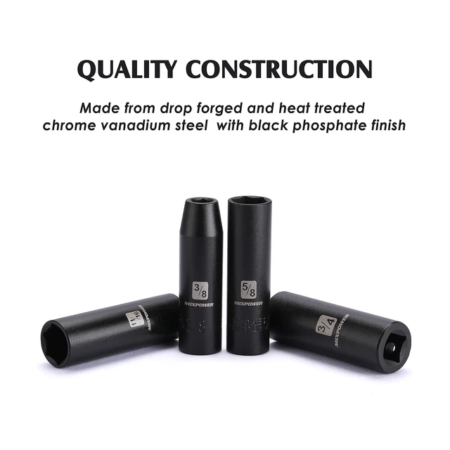 Alt view image 4 of 7 - 11 Pieces 1/2-Inch Drive Deep Impact Socket Set, 3/8-Inch to 1-Inch, CR-V, SAE, 6 Point, Deep, 11 Pieces 1/2" Dr. Socket