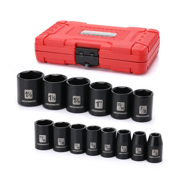 Alt view image 2 of 7 - 14 Pieces 1/2-Inch Drive Shallow Impact Socket Set, 3/8-Inch to 1-1/4 Inch, CR-V, SAE, 6 Point, Shallow, 14 Pieces 1/2" Dr. Shallow Socket