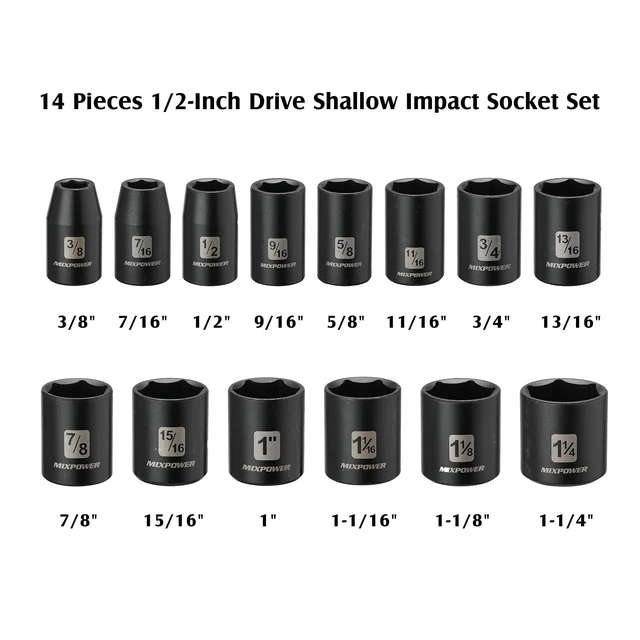 Alt view image 3 of 7 - 14 Pieces 1/2-Inch Drive Shallow Impact Socket Set, 3/8-Inch to 1-1/4 Inch, CR-V, SAE, 6 Point, Shallow, 14 Pieces 1/2" Dr. Shallow Socket