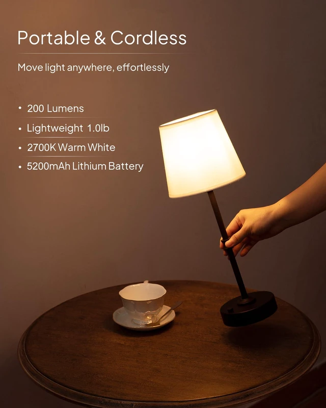 Alt view image 6 of 7 - Cordless Table Lamp Rechargeable: Fast Charging & Long Lasting - 2700K Warm Light Small Vintage Brass Entryway Lamps - Dinning Living Room Bedroom - Black