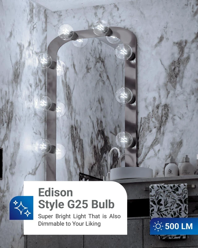 Alt view image 2 of 7 - 10 Pack G25 LED Light Bulb, Globe, E26, 5W=60W, 5000K Daylight 500LM, CRI80, Dimmable, Edison Vintage Filament, Medium Base, Lamp, Pendant, Chandelier, Indoor/Outdoor Lighting, Wet Rated