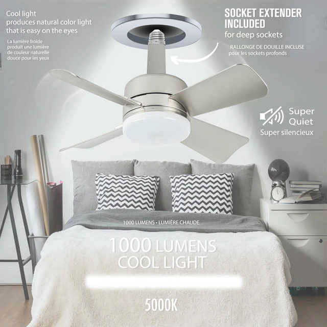 Alt view image 4 of 7 - Socket Breeze Cool Light Deluxe Silver Ceiling Fans with LED Lights and Remote Control, Replacement for Lightbulb - Bedroom, Kitchen, Living Room,1000 Lumens / 5000 Kelvins