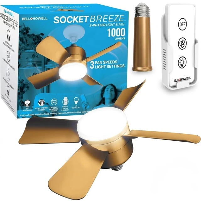 Main image of Socket Breeze Cool Light Deluxe Bronze Ceiling Fans with LED Lights and Remote Control, Replacement for Lightbulb - Bedroom, Kitchen, Living Room,1000 Lumens / 5000 Kelvins