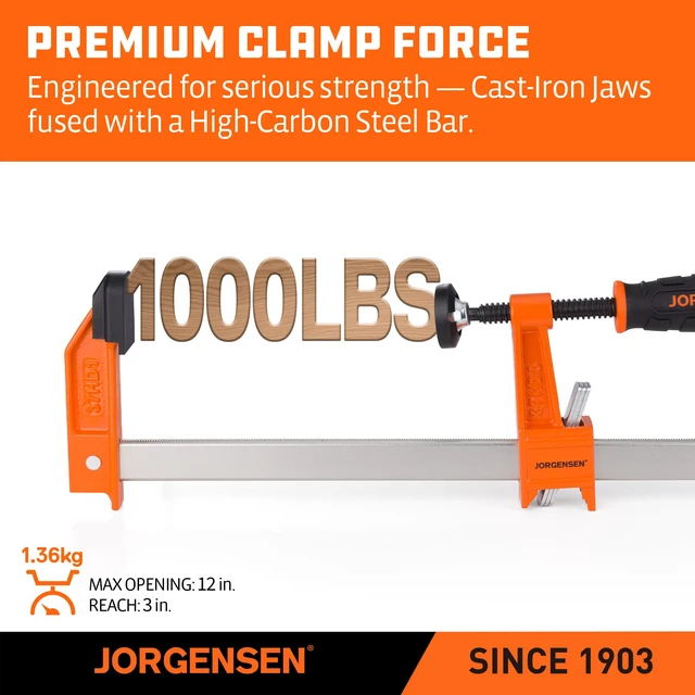 Alt view image 3 of 5 - 12" Heavy-Duty Steel Bar Clamp Set, 1000 lbs Load Limit, 2-Pack F Clamps for Woodworking, Metalworking and DIY Projects