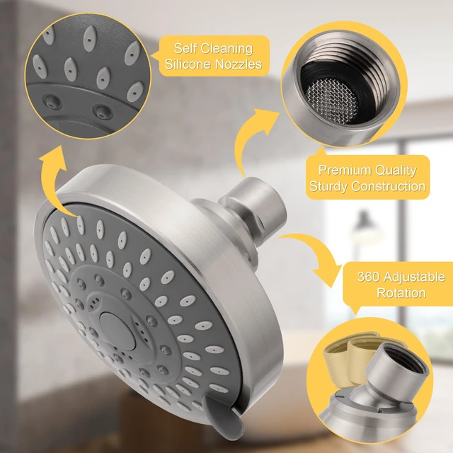 Alt view image 3 of 7 - High Pressure Rain Shower Head 2PCS 5 Modes 4.1 Inch Brushed Nickel Low Water Pressure Compatible, Powerful Spray Fixed Showerhead for a Relaxing Indoor & Outdoor Shower