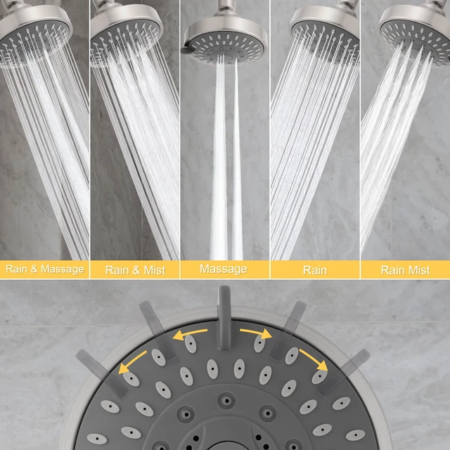 Alt view image 4 of 7 - High Pressure Rain Shower Head 2PCS 5 Modes 4.1 Inch Brushed Nickel Low Water Pressure Compatible, Powerful Spray Fixed Showerhead for a Relaxing Indoor & Outdoor Shower