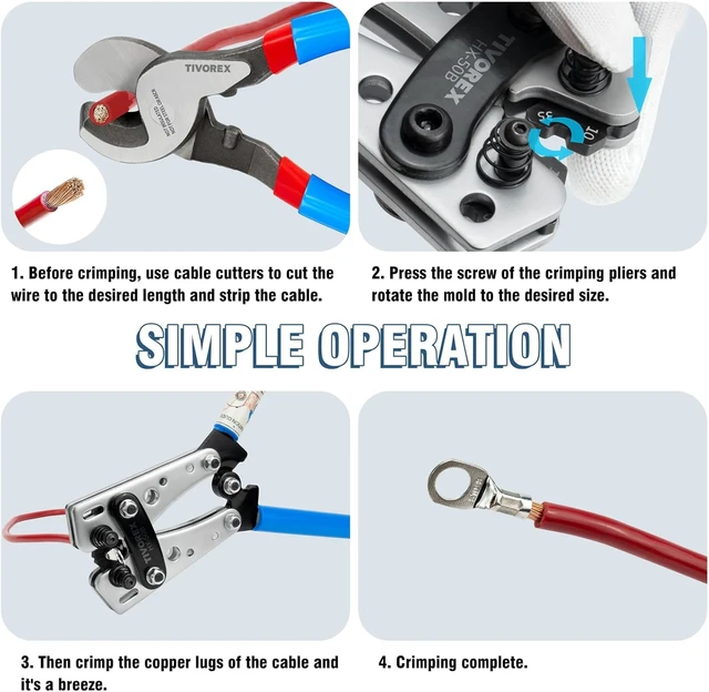 Alt view image 4 of 7 - Battery Cable Lug Crimping Tool for AWG 10-1/0 Electrical Lug with 2pcs Cable Cutter 64pcs Ring Terminals and 70pcs Heat Shrink Tubing