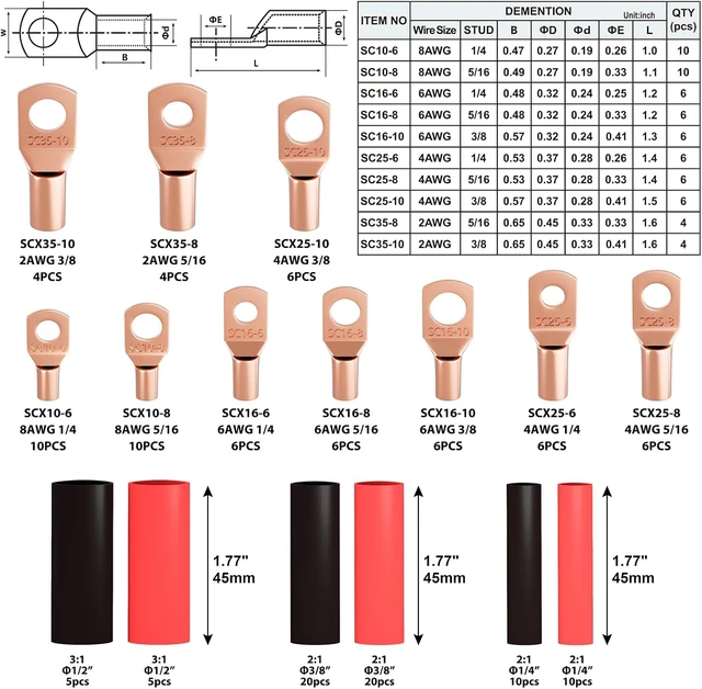 Alt view image 5 of 7 - Battery Cable Lug Crimping Tool for AWG 10-1/0 Electrical Lug with 2pcs Cable Cutter 64pcs Ring Terminals and 70pcs Heat Shrink Tubing