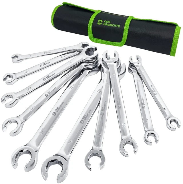 Main image of Flare Nut Wrench Set, Standard & Metric, 10-Piece 1/4" to 7/8'' & 8-21mm, CR-V Steel, Brake Line Wrench Set with Organizer Pouch