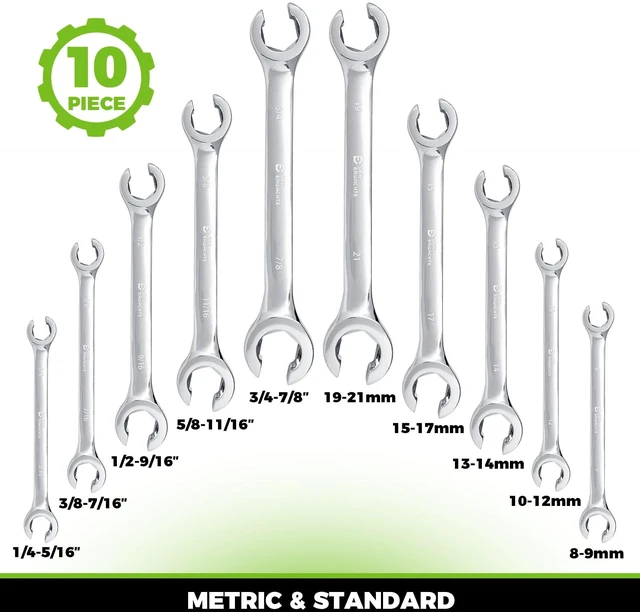 Alt view image 2 of 7 - Flare Nut Wrench Set, Standard & Metric, 10-Piece 1/4" to 7/8'' & 8-21mm, CR-V Steel, Brake Line Wrench Set with Organizer Pouch