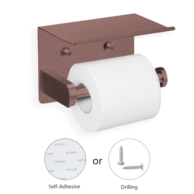 Alt view image 2 of 7 - Self Adhesive Toilet Paper Holder with Phone Shelf Stainless Steel Wall Mounted Toilet Paper Roll Holder - Rustproof and Bathroom Washroom Tissue Roll Holder with Shelf - Red Copper