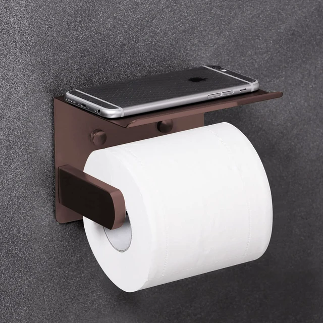 Alt view image 3 of 7 - Self Adhesive Toilet Paper Holder with Phone Shelf Stainless Steel Wall Mounted Toilet Paper Roll Holder - Rustproof and Bathroom Washroom Tissue Roll Holder with Shelf - Red Copper