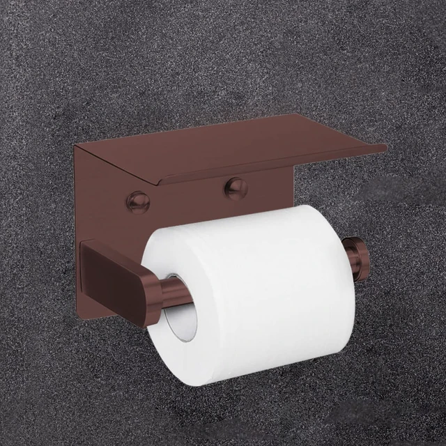Alt view image 4 of 7 - Self Adhesive Toilet Paper Holder with Phone Shelf Stainless Steel Wall Mounted Toilet Paper Roll Holder - Rustproof and Bathroom Washroom Tissue Roll Holder with Shelf - Red Copper