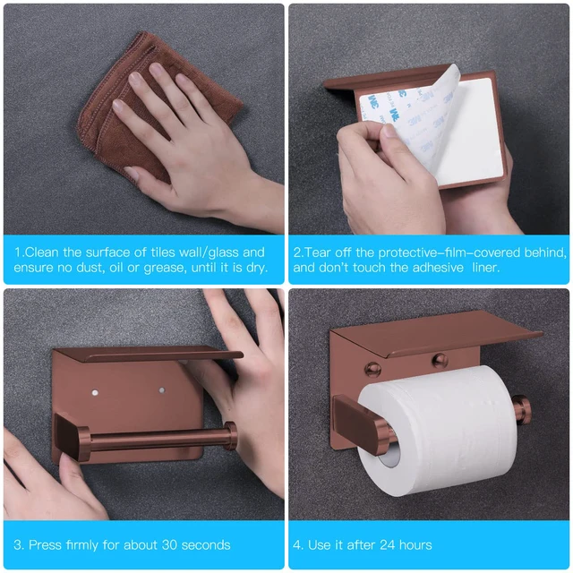 Alt view image 7 of 7 - Self Adhesive Toilet Paper Holder with Phone Shelf Stainless Steel Wall Mounted Toilet Paper Roll Holder - Rustproof and Bathroom Washroom Tissue Roll Holder with Shelf - Red Copper