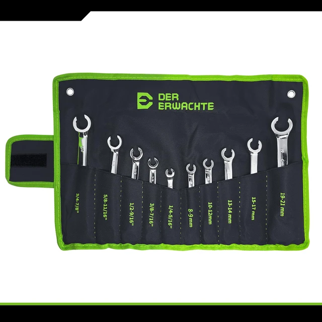 Alt view image 7 of 7 - Flare Nut Wrench Set, Standard & Metric, 10-Piece 1/4" to 7/8'' & 8-21mm, CR-V Steel, Brake Line Wrench Set with Organizer Pouch