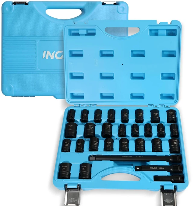 Main image of 1/2 29PC Socket Set Shallow, CR-MO,SAE/Metric 3/8"-1",10-24mm short impact socket set 1/2 drive with Extension Bars Standard Shallow Socket Set High Torque Truck Bearing Locknut
