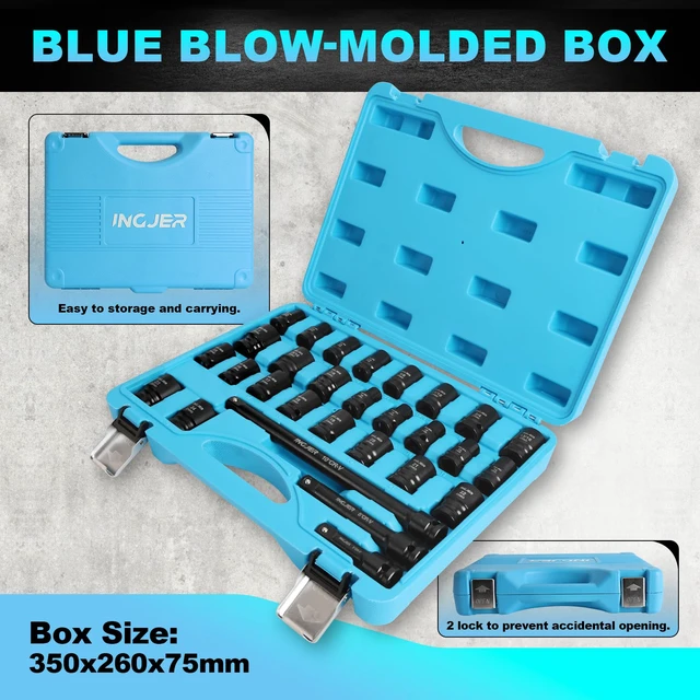 Alt view image 2 of 7 - 1/2 29PC Socket Set Shallow, CR-MO,SAE/Metric 3/8"-1",10-24mm short impact socket set 1/2 drive with Extension Bars Standard Shallow Socket Set High Torque Truck Bearing Locknut