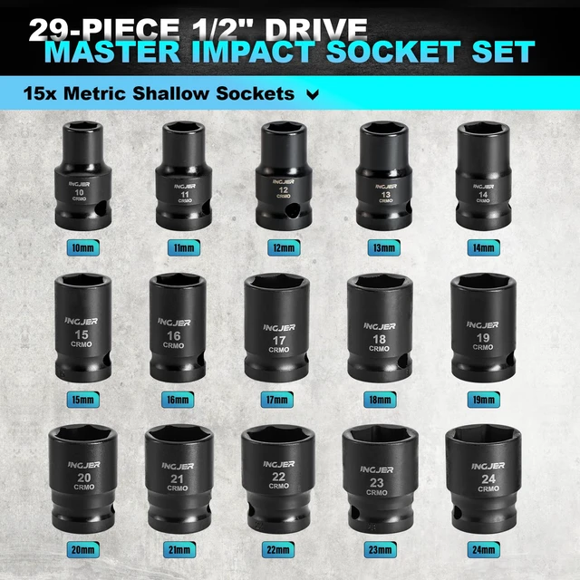 Alt view image 3 of 7 - 1/2 29PC Socket Set Shallow, CR-MO,SAE/Metric 3/8"-1",10-24mm short impact socket set 1/2 drive with Extension Bars Standard Shallow Socket Set High Torque Truck Bearing Locknut