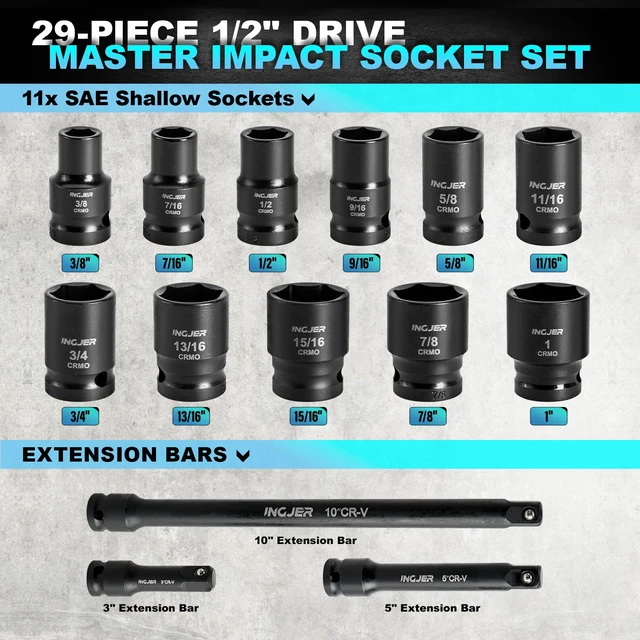 Alt view image 4 of 7 - 1/2 29PC Socket Set Shallow, CR-MO,SAE/Metric 3/8"-1",10-24mm short impact socket set 1/2 drive with Extension Bars Standard Shallow Socket Set High Torque Truck Bearing Locknut