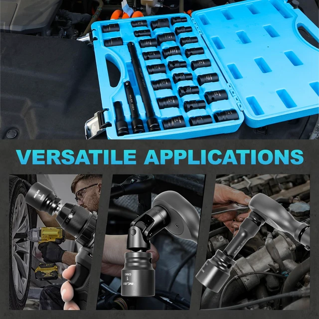 Alt view image 6 of 7 - 1/2 29PC Socket Set Shallow, CR-MO,SAE/Metric 3/8"-1",10-24mm short impact socket set 1/2 drive with Extension Bars Standard Shallow Socket Set High Torque Truck Bearing Locknut
