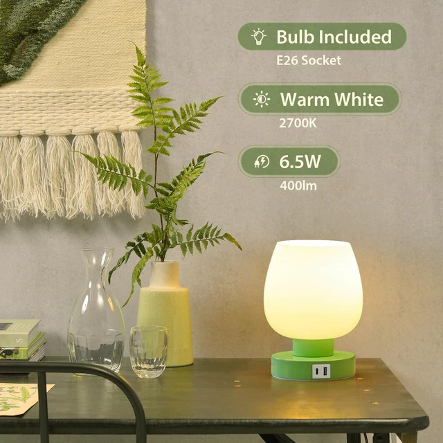 Alt view image 4 of 6 - Touch Bedside Table Lamp with USB Charging - 3 Way Dimmable Small Glass Lamp for Bedroom, 2700K LED Bulb Included, Green, 2 Packs