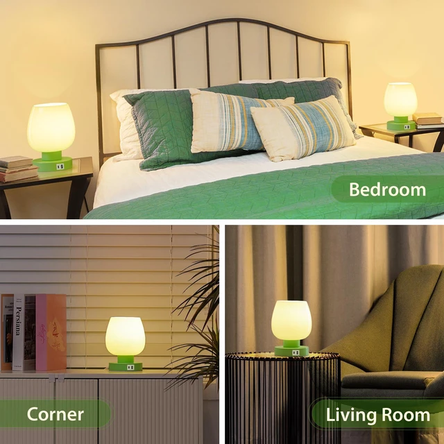 Alt view image 5 of 6 - Touch Bedside Table Lamp with USB Charging - 3 Way Dimmable Small Glass Lamp for Bedroom, 2700K LED Bulb Included, Green, 2 Packs