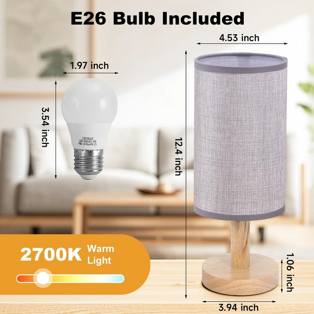 Alt view image 4 of 7 - Gray Small Bedside Table Lamp for Bedroom,Natural Round Wood Base&Fabric Linen Shade,Cozy Night Table Light for Study Reading,Minimalist Boho Desk Lamp for Nightstand,Living Room,Nursery,Kitchen,Dorm