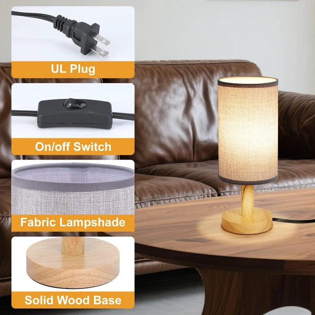 Alt view image 5 of 7 - Gray Small Bedside Table Lamp for Bedroom,Natural Round Wood Base&Fabric Linen Shade,Cozy Night Table Light for Study Reading,Minimalist Boho Desk Lamp for Nightstand,Living Room,Nursery,Kitchen,Dorm