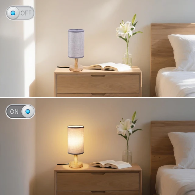 Alt view image 6 of 7 - Gray Small Bedside Table Lamp for Bedroom,Natural Round Wood Base&Fabric Linen Shade,Cozy Night Table Light for Study Reading,Minimalist Boho Desk Lamp for Nightstand,Living Room,Nursery,Kitchen,Dorm