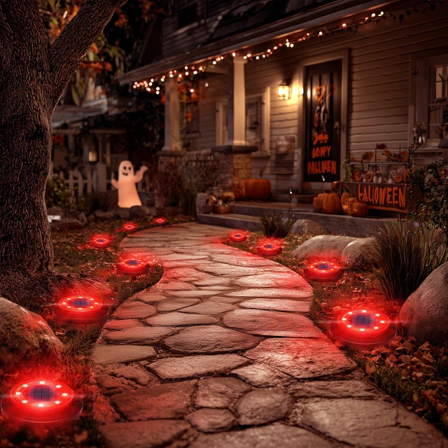 Alt view image 6 of 7 - Solar Lights Outdoor WaterproofRed 12 Pack 2-in-1 Ground Lights Halloween Lights Outdoor Solar Disk Light Landscape Light for Deck Step Patio Yard Pathway Walkway Driveway Garden