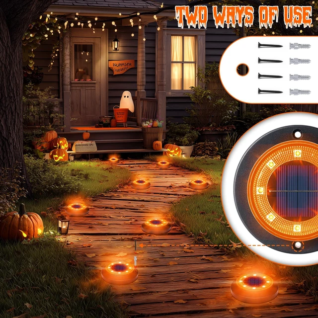 Alt view image 4 of 7 - Solar Lights Outdoor WaterproofOrange 12 Pack 2-in-1 Ground Lights Halloween Lights Outdoor Solar Disk Light Landscape Light for Deck Step Patio Yard Pathway Walkway Driveway Garden