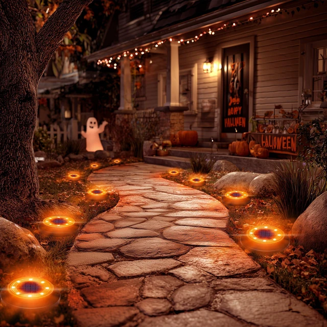Alt view image 6 of 7 - Solar Lights Outdoor WaterproofOrange 12 Pack 2-in-1 Ground Lights Halloween Lights Outdoor Solar Disk Light Landscape Light for Deck Step Patio Yard Pathway Walkway Driveway Garden