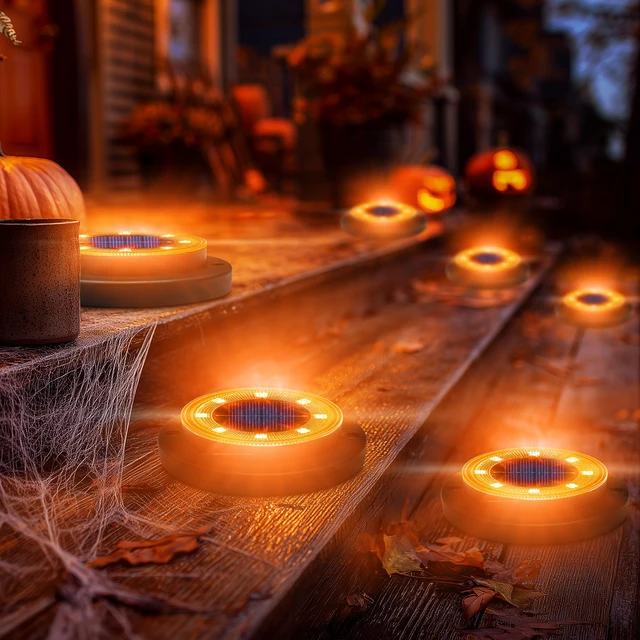 Alt view image 7 of 7 - Solar Lights Outdoor WaterproofOrange 12 Pack 2-in-1 Ground Lights Halloween Lights Outdoor Solar Disk Light Landscape Light for Deck Step Patio Yard Pathway Walkway Driveway Garden