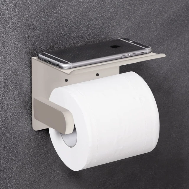 Alt view image 3 of 7 - Self Adhesive Toilet Paper Holder with Phone Shelf SUS 304 Stainless Steel Wall Mounted Toilet Paper Roll Holder - Rustproof and Bathroom Washroom Tissue Roll Holder with Shelf -Beige