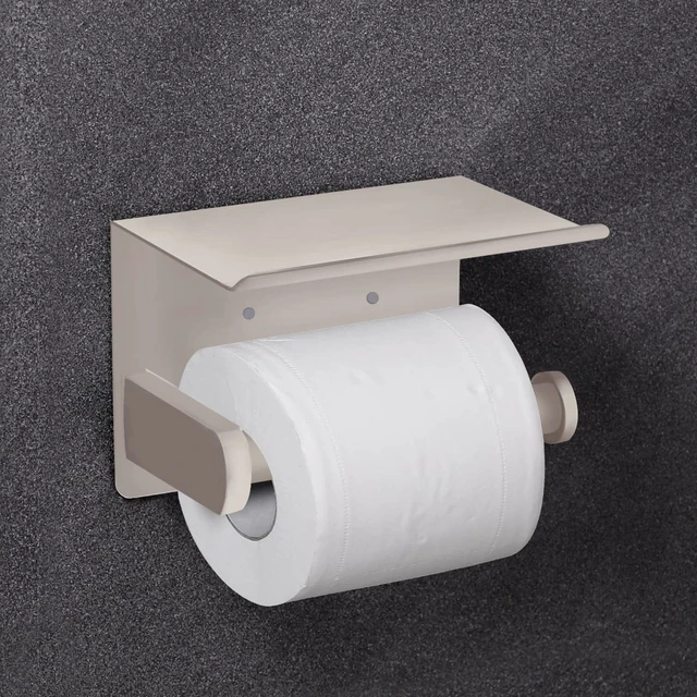 Alt view image 4 of 7 - Self Adhesive Toilet Paper Holder with Phone Shelf SUS 304 Stainless Steel Wall Mounted Toilet Paper Roll Holder - Rustproof and Bathroom Washroom Tissue Roll Holder with Shelf -Beige