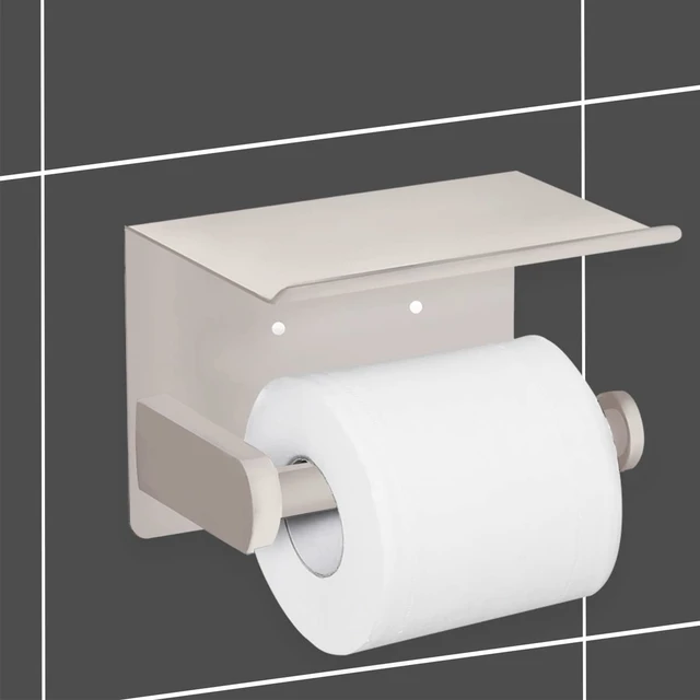 Alt view image 7 of 7 - Self Adhesive Toilet Paper Holder with Phone Shelf SUS 304 Stainless Steel Wall Mounted Toilet Paper Roll Holder - Rustproof and Bathroom Washroom Tissue Roll Holder with Shelf -Beige