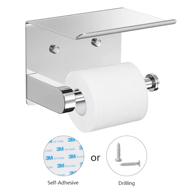 Alt view image 3 of 3 - Self Adhesive Toilet Paper Holder with Phone Shelf Stainless Steel Wall Mounted Toilet Paper Roll Holder - Bathroom Washroom Tissue Roll Holder with Storage Shelf - Bright Surface