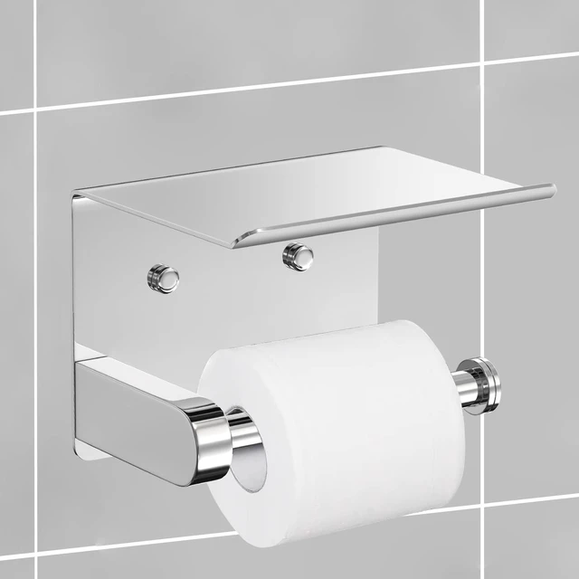 Alt view image 2 of 3 - Self Adhesive Toilet Paper Holder with Phone Shelf Stainless Steel Wall Mounted Toilet Paper Roll Holder - Bathroom Washroom Tissue Roll Holder with Storage Shelf - Bright Surface