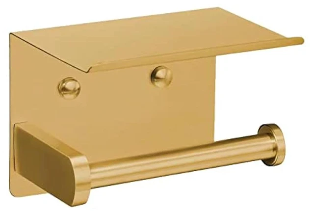 Main image of Self Adhesive Toilet Paper Holder with Phone Shelf Stainless Steel Wall Mounted Toilet Paper Roll Holder - Rustproof and Bathroom Washroom Tissue Roll Holder with Storage Shelf - Gold