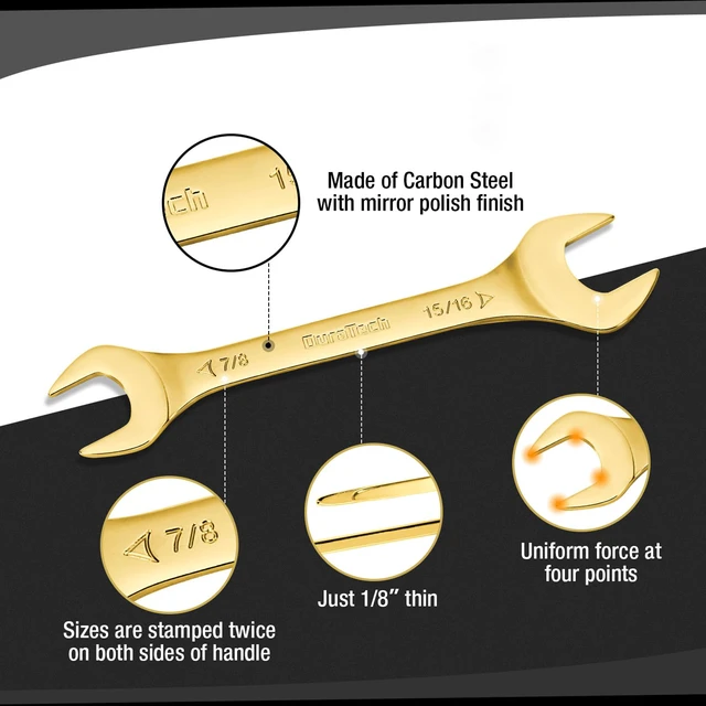 Alt view image 4 of 7 - Super-Thin Open End Wrench Set, SAE, 8-Piece, 1/4" to 1-1/16" Slim Wrench Set, Titanium Plating, Rolling Pouch