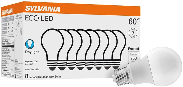 Main image of Sylvania ECO LED A19 Light Bulb, 60W Equivalent, Efficient 9W, 7 Year, 750 Lumens, Non-Dimmable, Frosted, 5000K, Daylight - 8 Pack (40883)