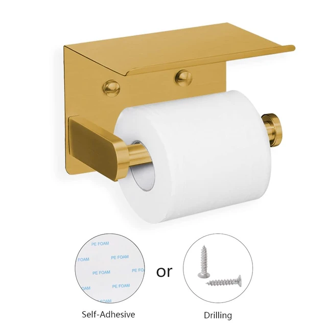 Alt view image 3 of 7 - Self Adhesive Toilet Paper Holder with Phone Shelf Stainless Steel Wall Mounted Toilet Paper Roll Holder - Rustproof and Bathroom Washroom Tissue Roll Holder with Storage Shelf - Gold