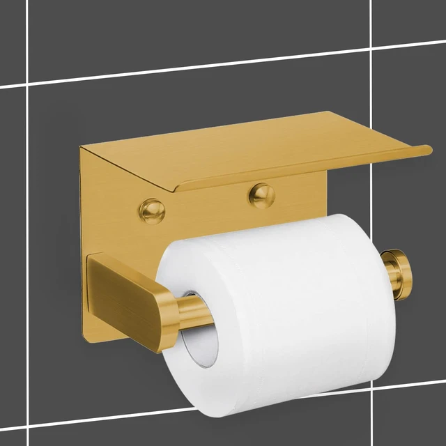 Alt view image 5 of 7 - Self Adhesive Toilet Paper Holder with Phone Shelf Stainless Steel Wall Mounted Toilet Paper Roll Holder - Rustproof and Bathroom Washroom Tissue Roll Holder with Storage Shelf - Gold