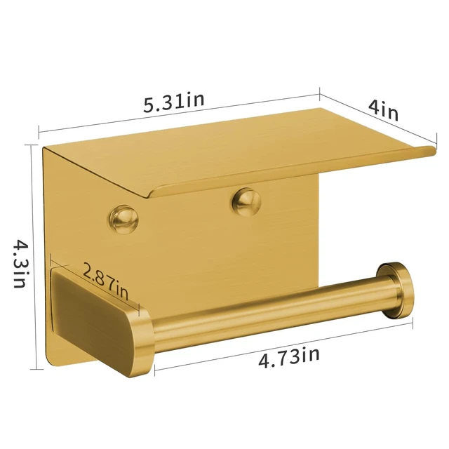 Alt view image 6 of 7 - Self Adhesive Toilet Paper Holder with Phone Shelf Stainless Steel Wall Mounted Toilet Paper Roll Holder - Rustproof and Bathroom Washroom Tissue Roll Holder with Storage Shelf - Gold