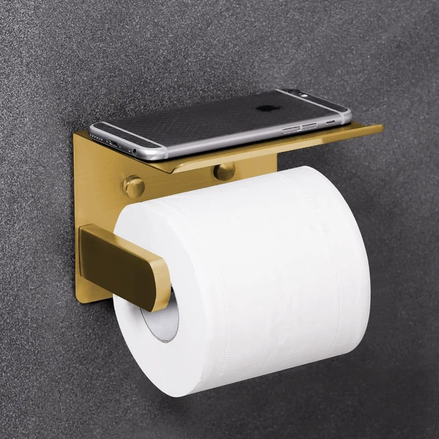 Alt view image 4 of 7 - Self Adhesive Toilet Paper Holder with Phone Shelf Stainless Steel Wall Mounted Toilet Paper Roll Holder - Rustproof and Bathroom Washroom Tissue Roll Holder with Storage Shelf - Gold