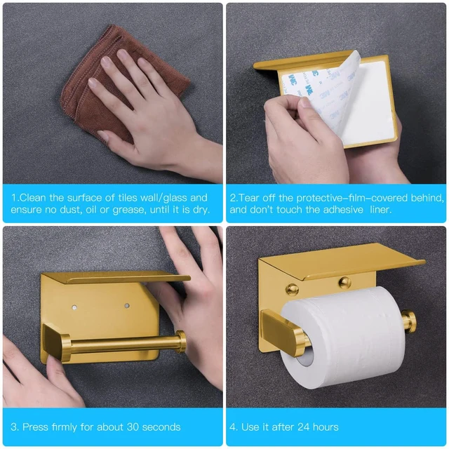 Alt view image 7 of 7 - Self Adhesive Toilet Paper Holder with Phone Shelf Stainless Steel Wall Mounted Toilet Paper Roll Holder - Rustproof and Bathroom Washroom Tissue Roll Holder with Storage Shelf - Gold