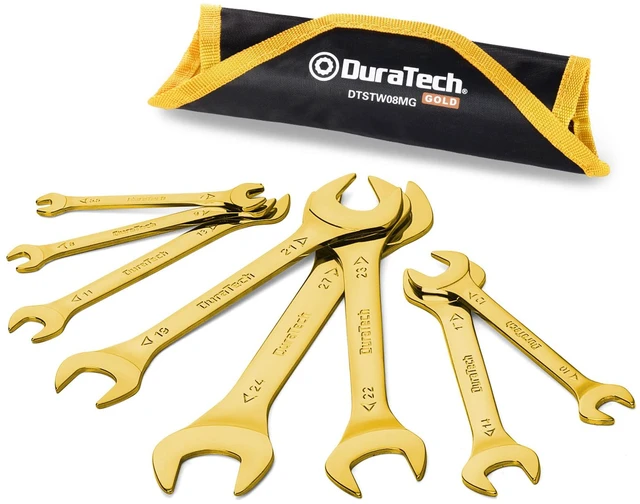 Main image of Super-Thin Open End Wrench Set, 8-Piece, Metric Slim Wrench Set, 5.5, 7, 8, 9, 10, 11, 12, 13, 14, 17, 19, 21, 22, 23, 24, 27 mm, Titanium Plating, Rolling Pouch