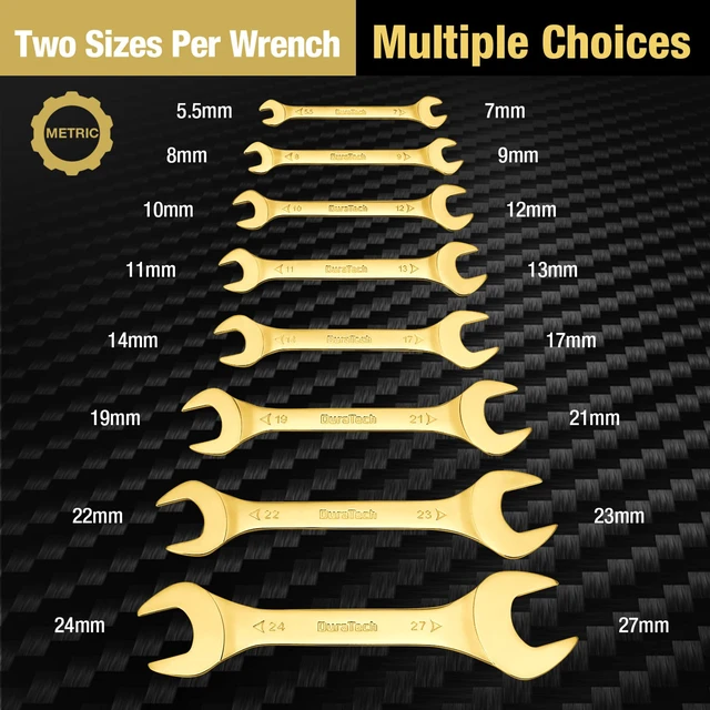 Alt view image 2 of 7 - Super-Thin Open End Wrench Set, 8-Piece, Metric Slim Wrench Set, 5.5, 7, 8, 9, 10, 11, 12, 13, 14, 17, 19, 21, 22, 23, 24, 27 mm, Titanium Plating, Rolling Pouch