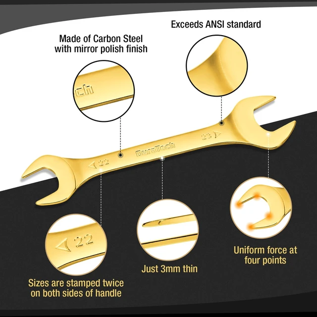 Alt view image 4 of 7 - Super-Thin Open End Wrench Set, 8-Piece, Metric Slim Wrench Set, 5.5, 7, 8, 9, 10, 11, 12, 13, 14, 17, 19, 21, 22, 23, 24, 27 mm, Titanium Plating, Rolling Pouch